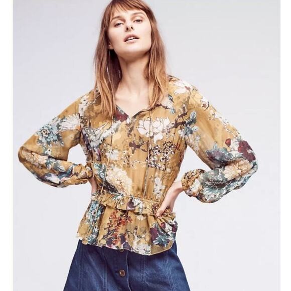 Hemant & Nandita Blouse Keystone Silk Peplum Ruffle Size Small - Picture 1 of 8